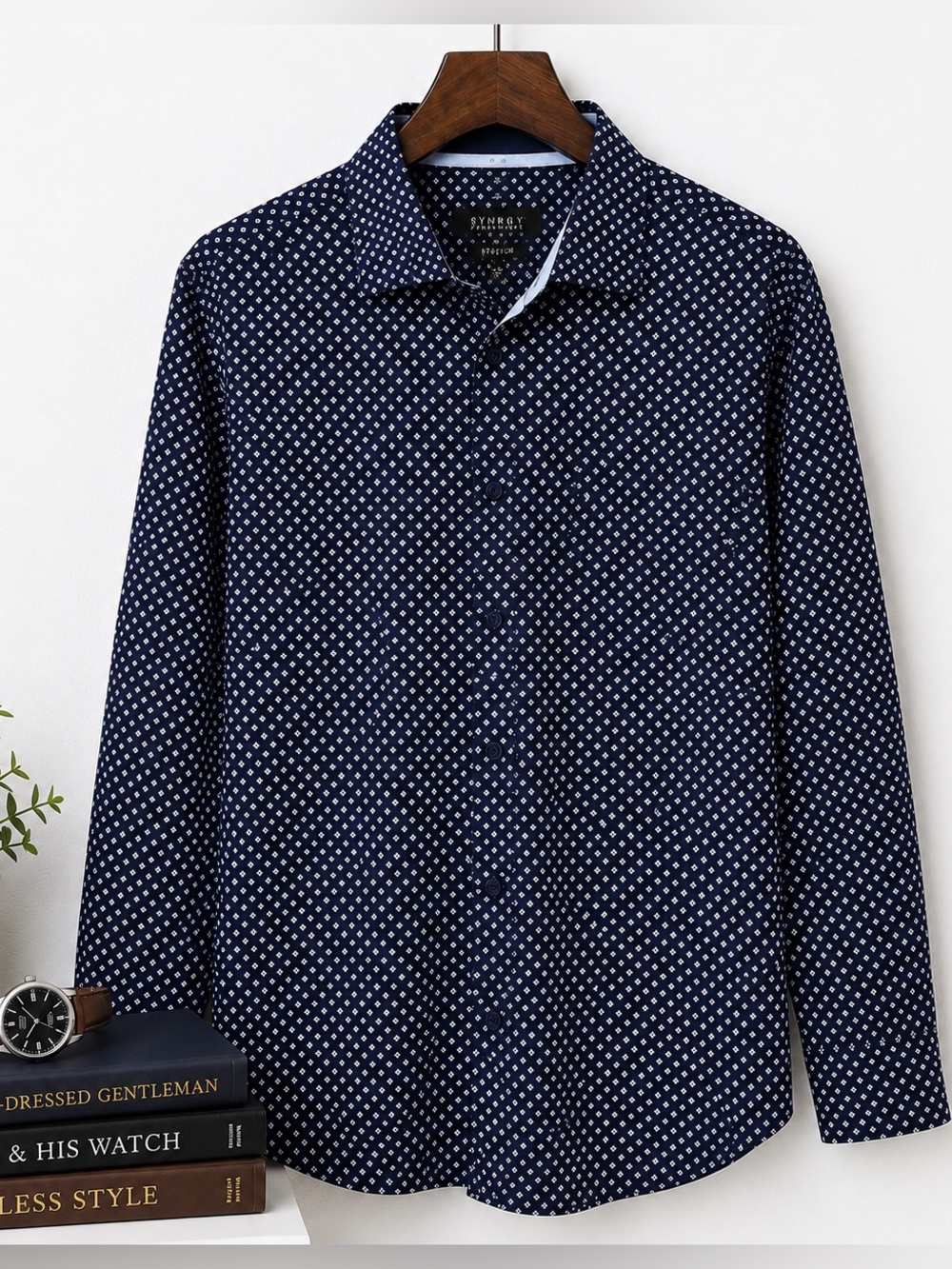 SYNRGY Men’s Big & Tall Navy Geometric Stretch Dress Shirt 19 35/36